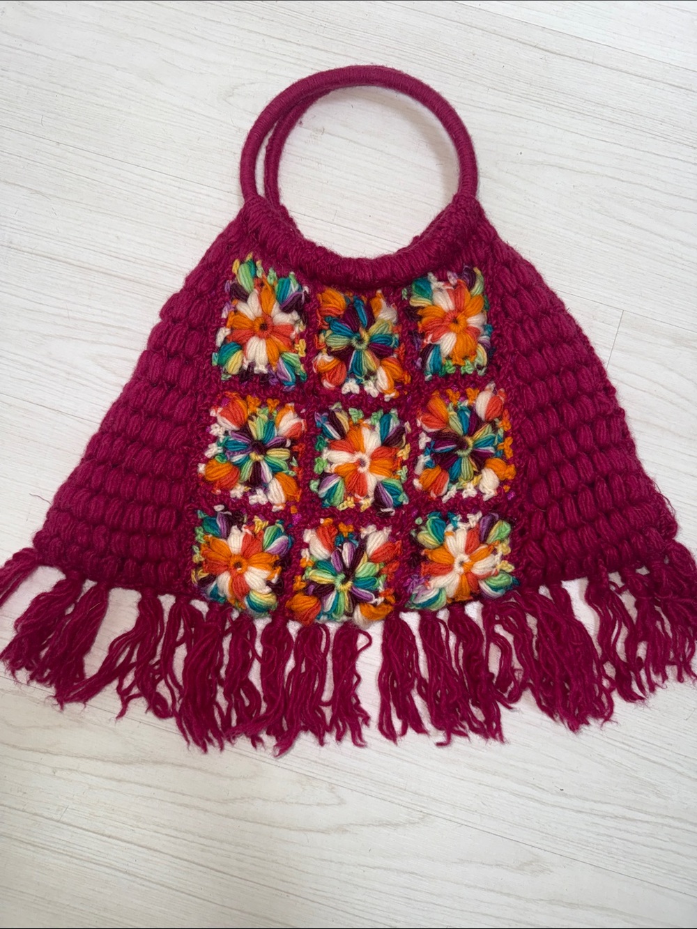 Handmade In Nepal Colorful Crochet Fringe Granny Square Bag